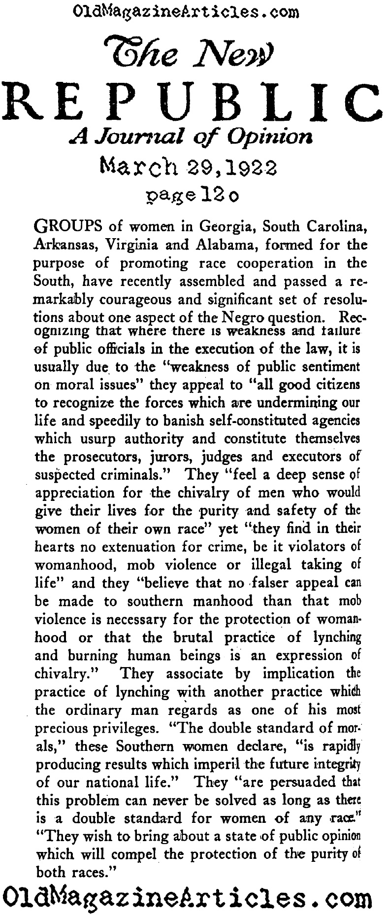 Lynching as an Extension of Chivalry? (The New Republic, 1922)